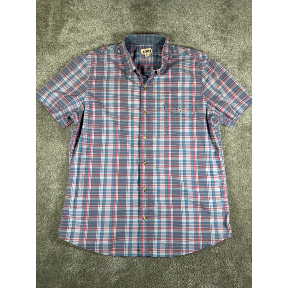 1901 Mens XL Short Sleeve Plaid Button Down Shirt Blue Red 100% Cotton